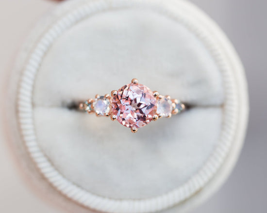 Peach sapphire five stone ring, sailor moon inspired engagement ring