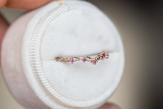 Pink sapphire curved leaf wedding band