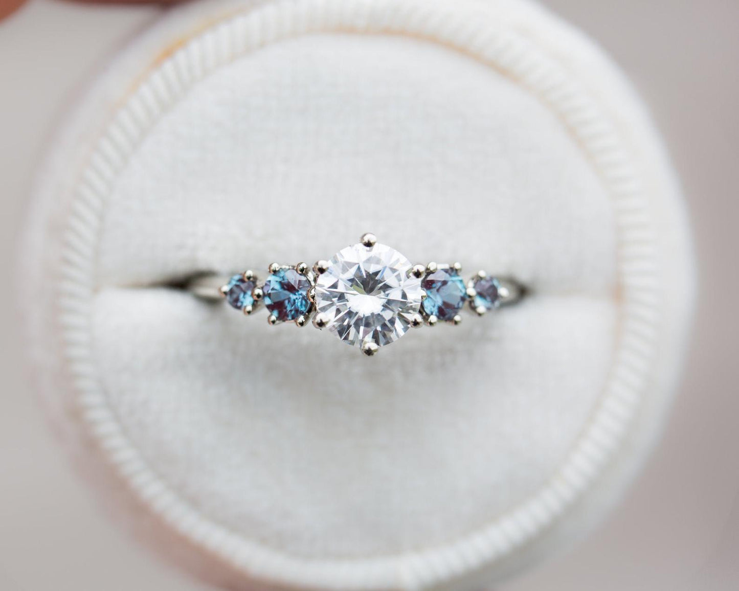 Round moissanite and alexandrite five stone ring