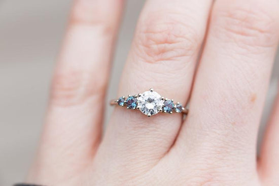 Round moissanite and alexandrite five stone ring