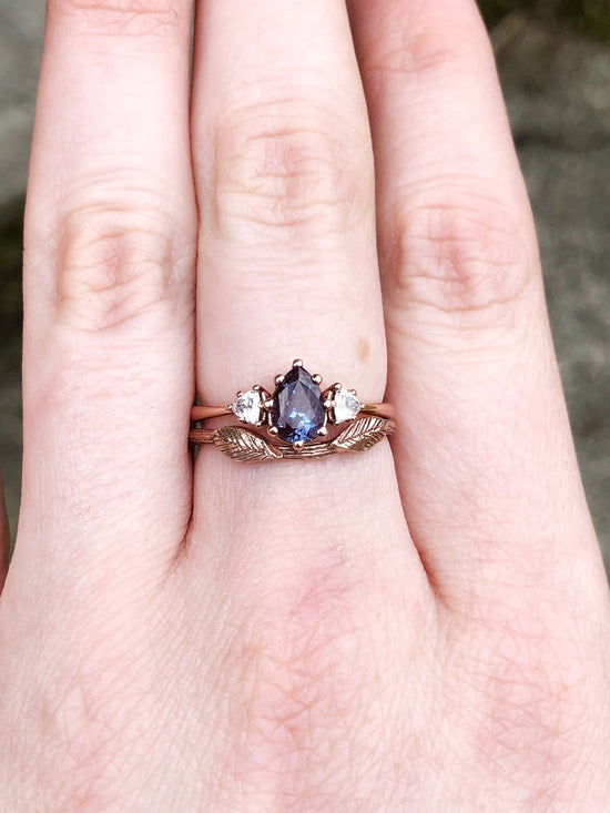 Load image into Gallery viewer, Alexandrite moissanite three stone engagement ring, pear engagement ring
