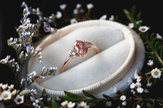 Oval champagne peach sapphire three stone ring, made to order