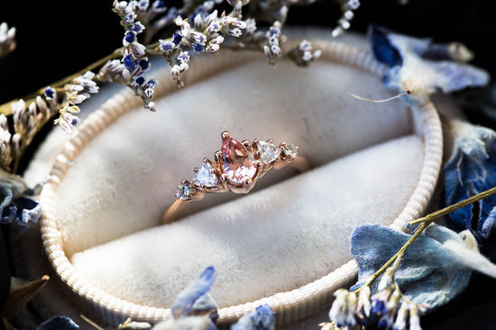 Load image into Gallery viewer, Pear peach sapphire cluster five stone engagement ring
