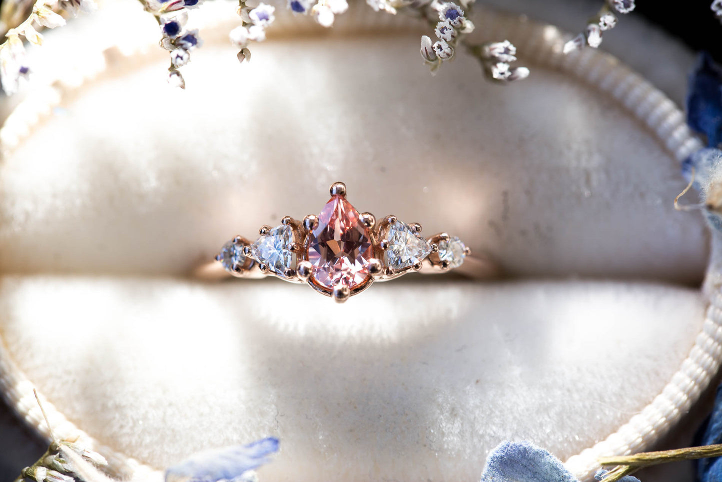 Load image into Gallery viewer, Pear peach sapphire cluster five stone engagement ring
