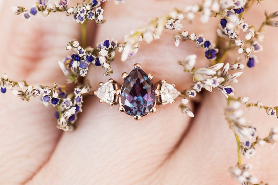 Alexandrite moissanite three stone engagement ring, pear engagement ring