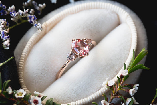 Load image into Gallery viewer, Oval champagne peach sapphire three stone ring, made to order
