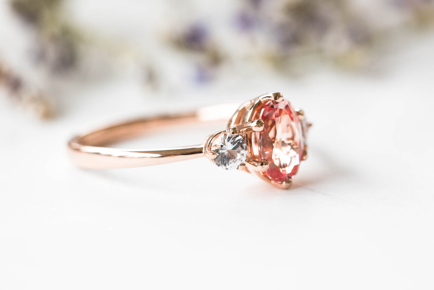 Load image into Gallery viewer, Oval champagne peach sapphire three stone ring, made to order
