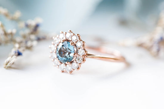 Load image into Gallery viewer, Cluster halo ring with aquamarine and diamonds

