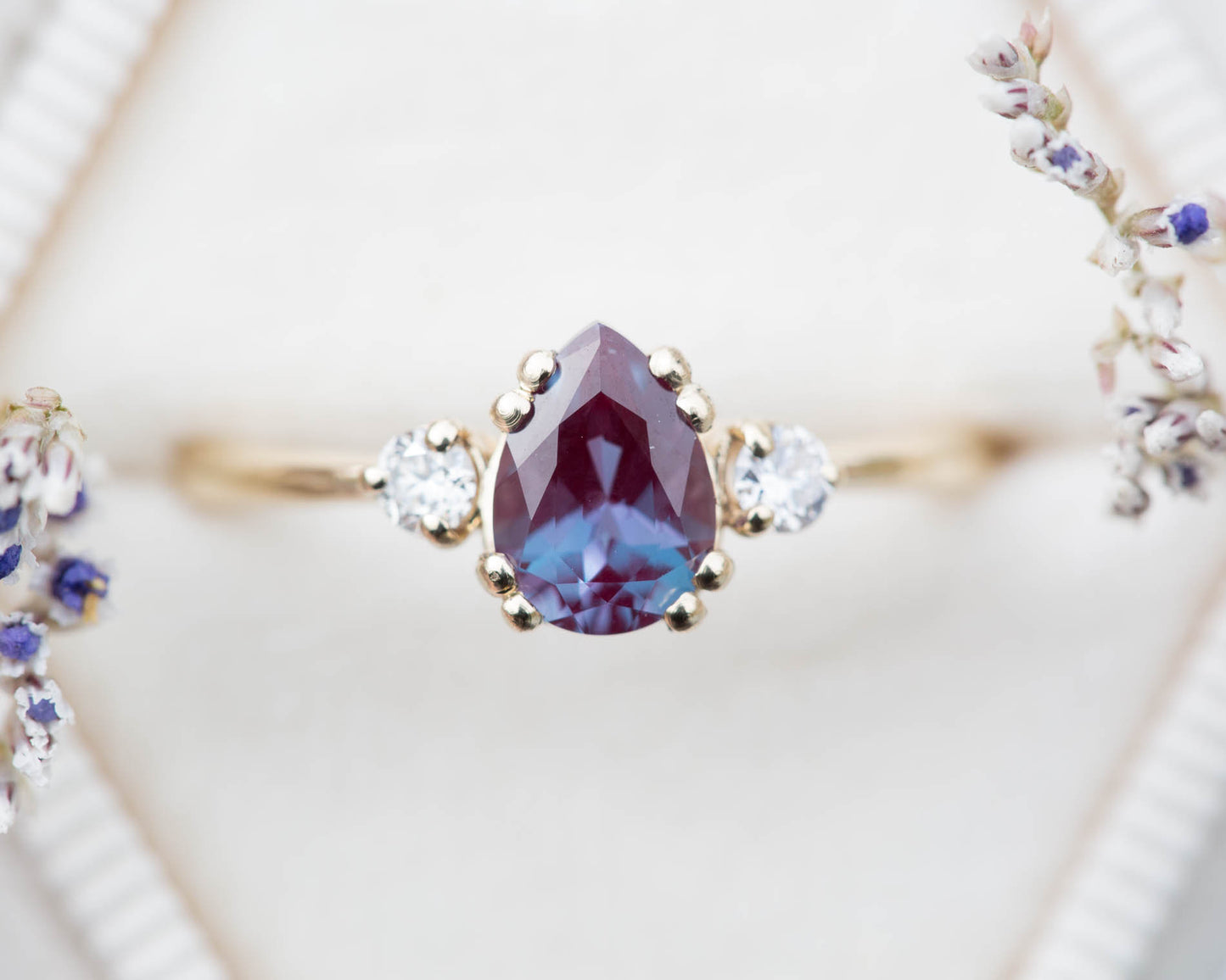 Load image into Gallery viewer, Alexandrite pear three stone ring, unique engagement ring

