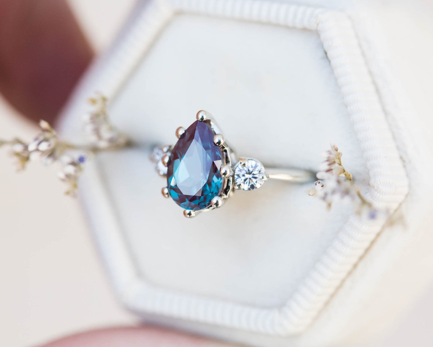 Alexandrite diamond three stone engagement ring, pear engagement ring,