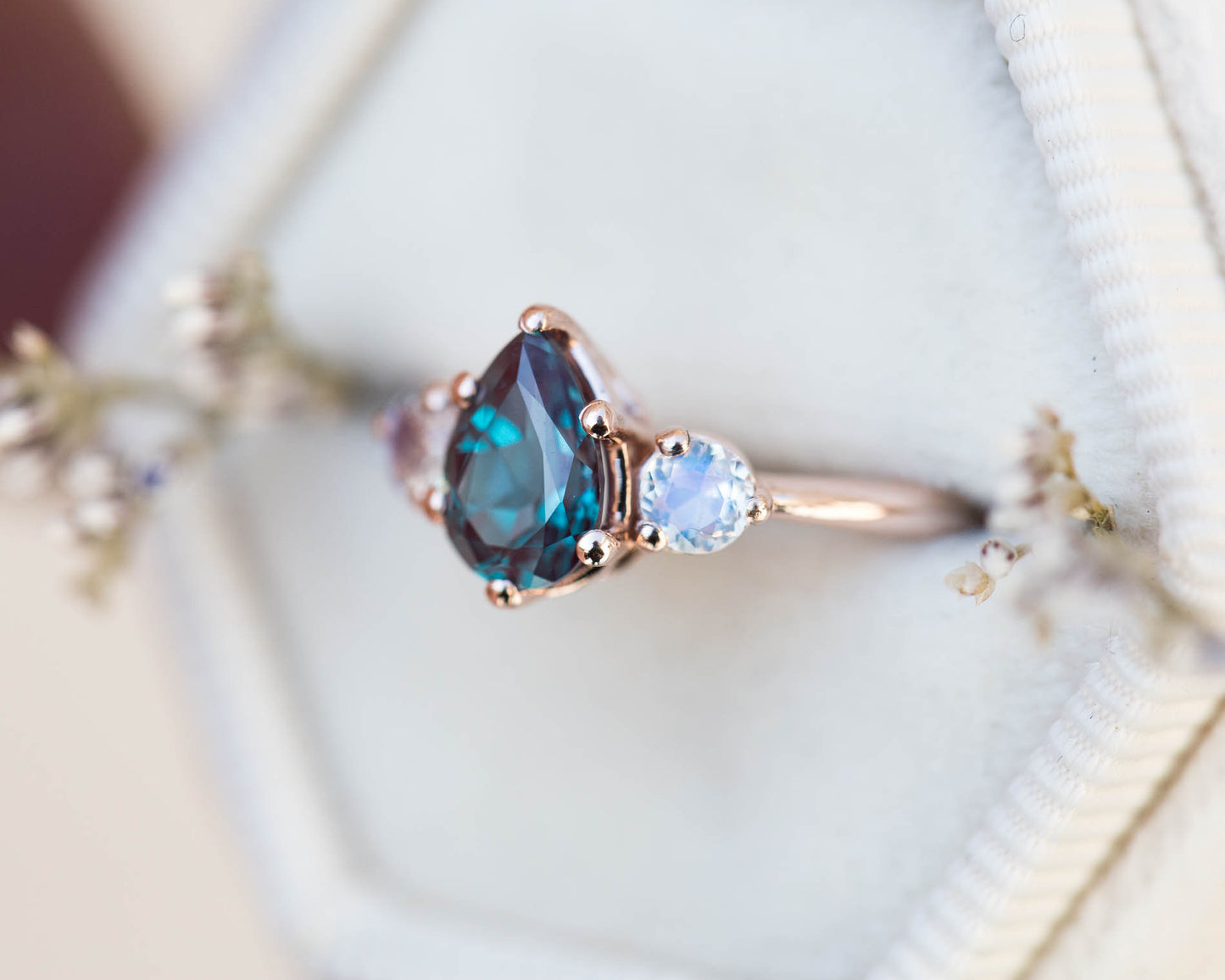 Load image into Gallery viewer, Pear alexandrite moonstone three stone 14k gold engagement ring,
