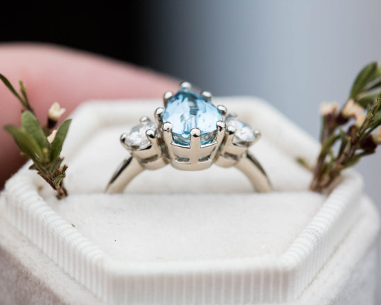 Load image into Gallery viewer, Aquamarine pear three stone engagement ring, made to order
