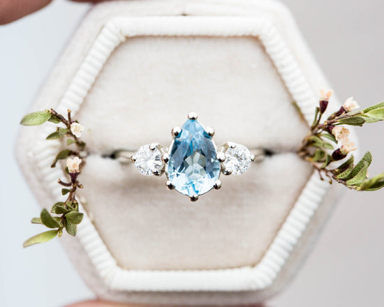 Load image into Gallery viewer, Aquamarine pear three stone engagement ring, made to order
