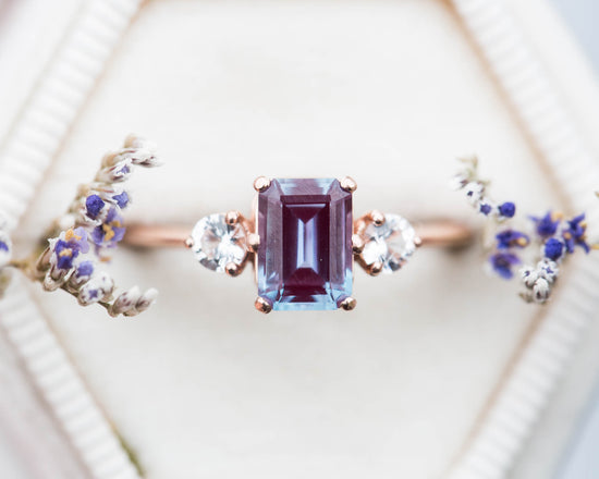 Load image into Gallery viewer, Alexandrite sapphire three stone engagement ring, emerald cut engagement ring,
