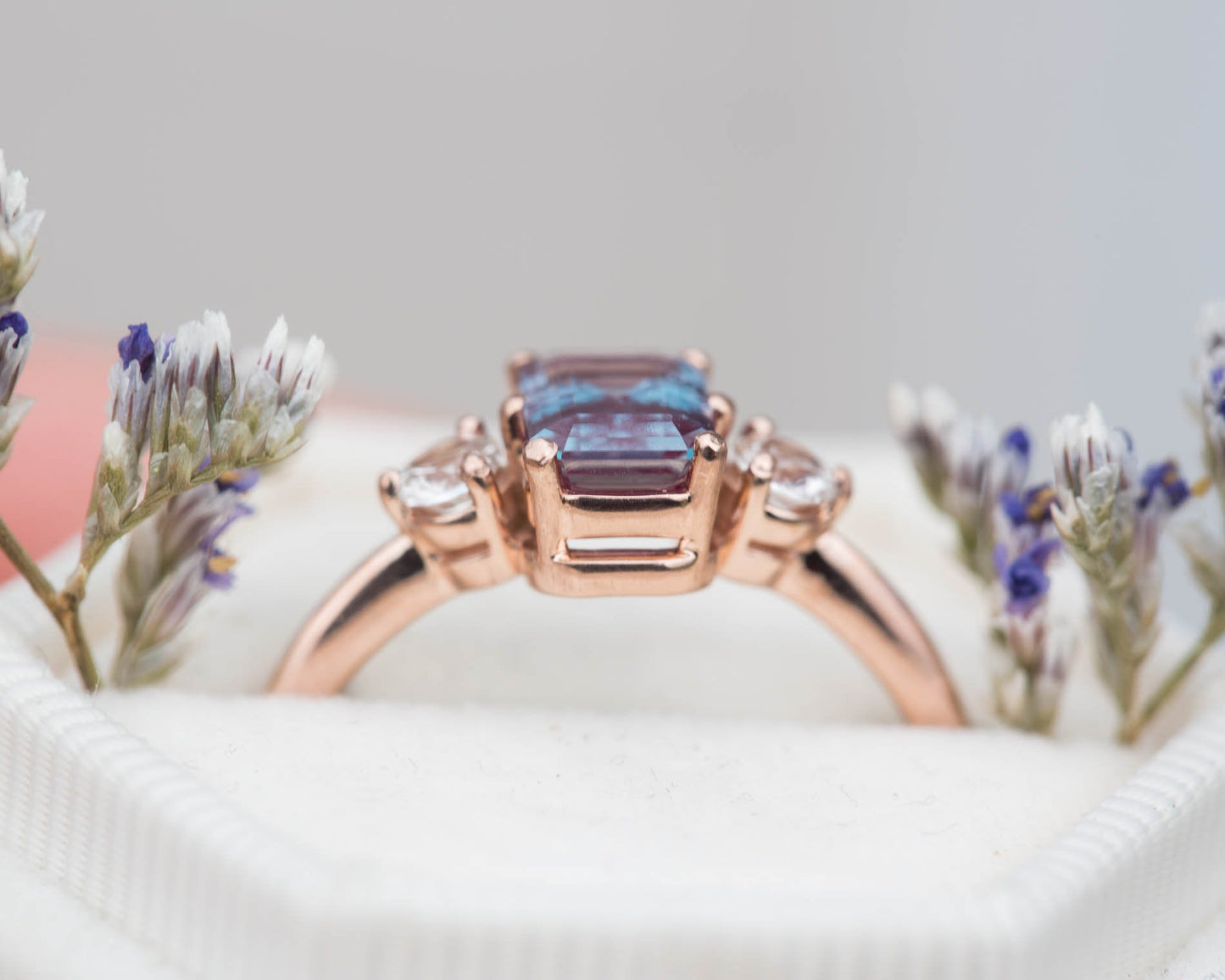 Load image into Gallery viewer, Alexandrite sapphire three stone engagement ring, emerald cut engagement ring,
