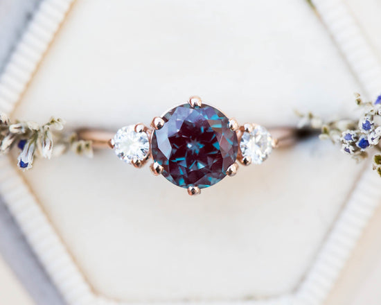 Load image into Gallery viewer, Round alexandrite and moissanite three stone engagement ring

