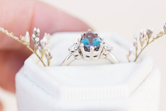 Alexandrite diamond three stone engagement ring, pear engagement ring,