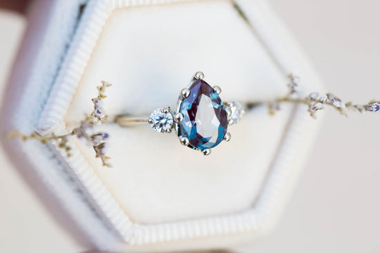 Alexandrite diamond three stone engagement ring, pear engagement ring,