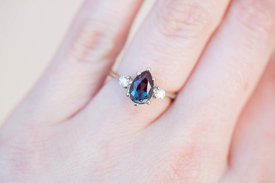 Alexandrite diamond three stone engagement ring, pear engagement ring,