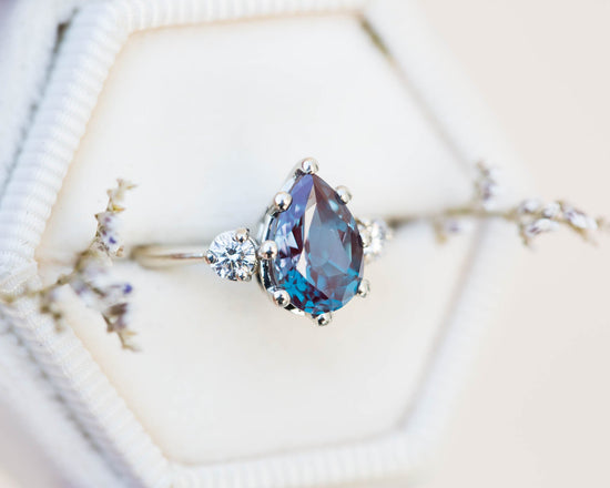 Alexandrite diamond three stone engagement ring, pear engagement ring,