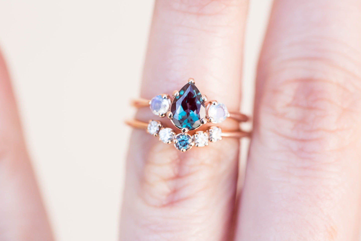 Load image into Gallery viewer, Pear alexandrite moonstone three stone 14k gold engagement ring,
