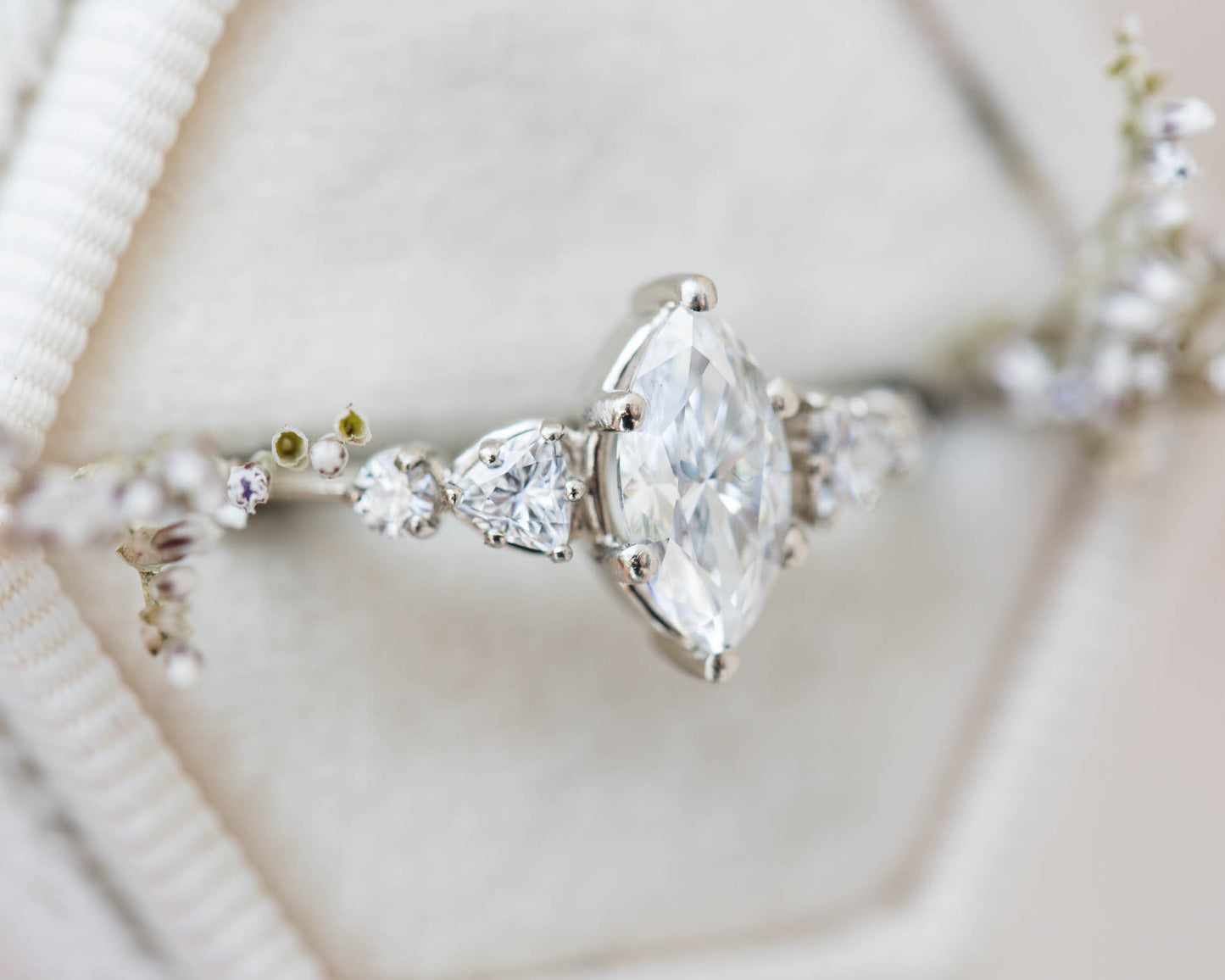 Five stone ring with marquise moissanite