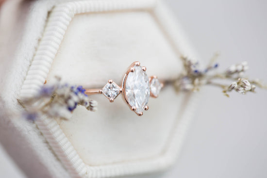 Load image into Gallery viewer, Marquise moissanite three stone engagement ring, 14k gold ring, moissanite ring, fine jewelry ring, unique engagement ring, asymmetrical
