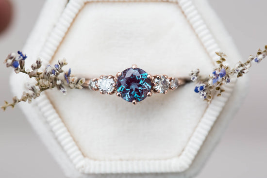 Alexandrite cluster engagement ring, salt pepper diamond ring,
