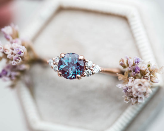 Chatham alexandrite round cluster engagement ring, made to order