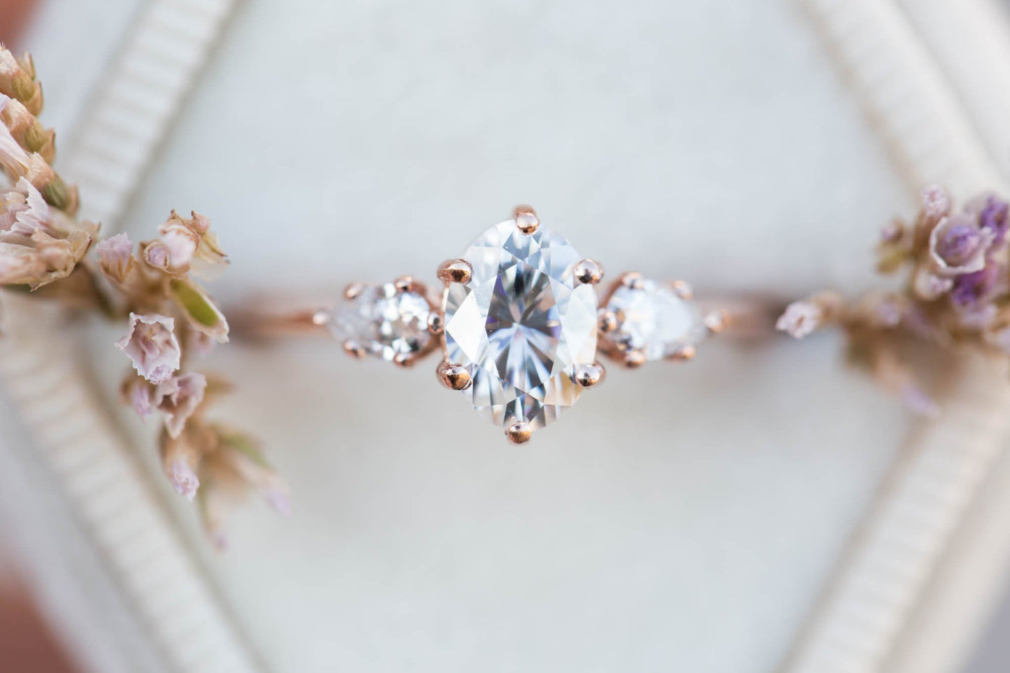 Load image into Gallery viewer, Oval moissanite three stone engagement ring, pear side stone
