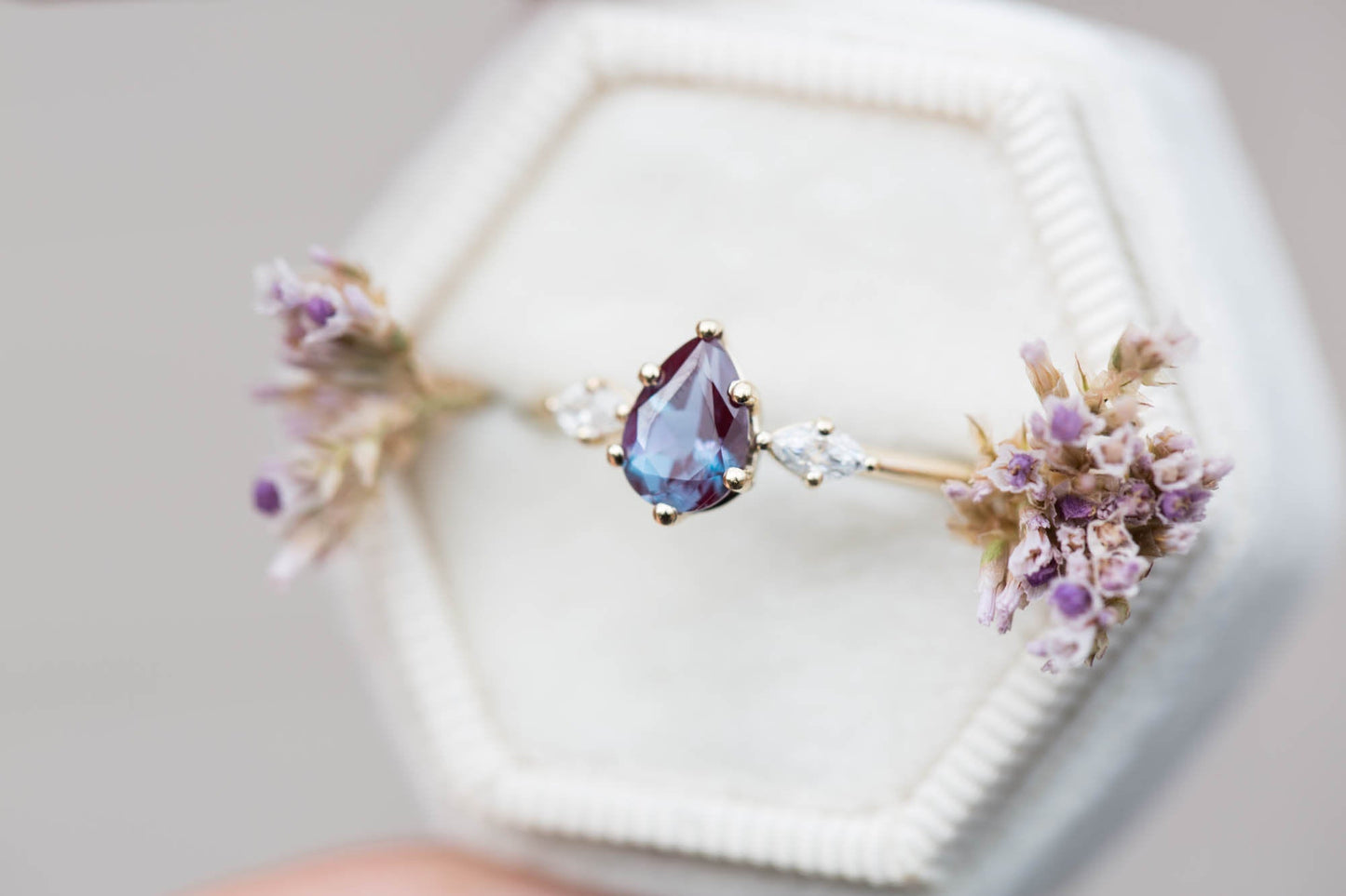 Pear alexandrite marquise three stone engagement ring