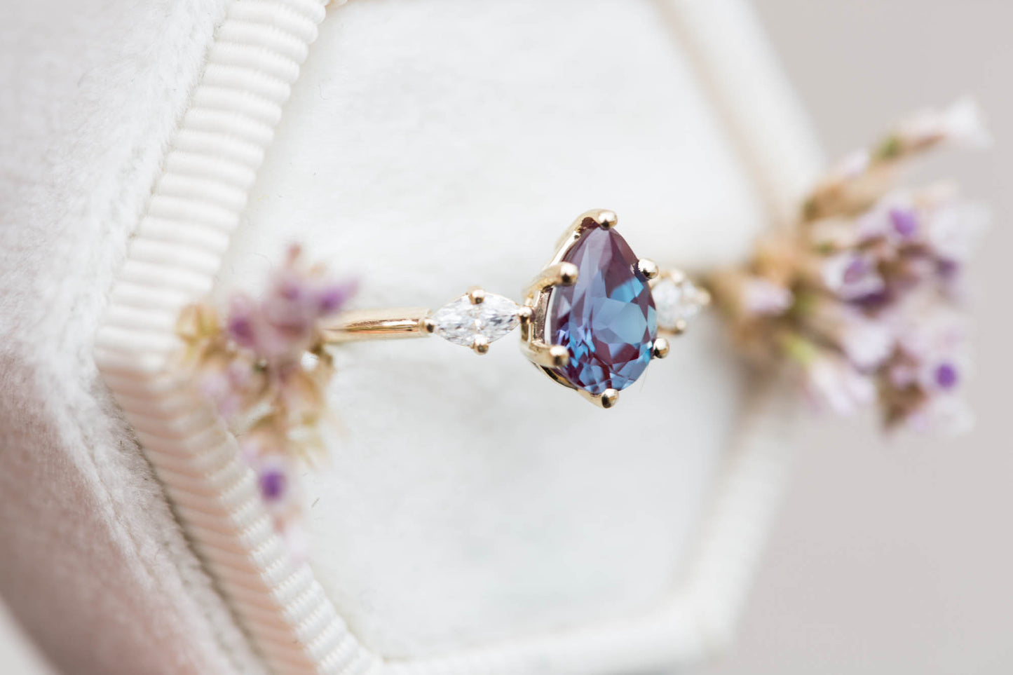 Pear alexandrite marquise three stone engagement ring