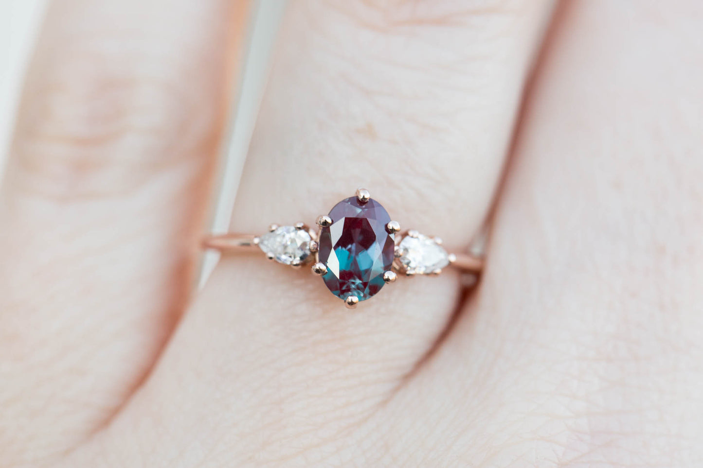 Oval alexandrite pear engagement ring, three stone ring