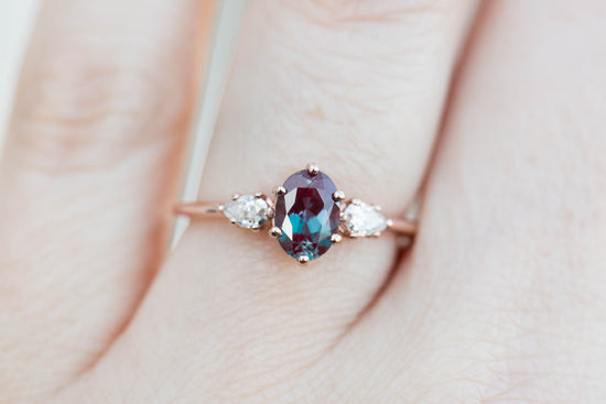 Oval alexandrite pear engagement ring, three stone ring