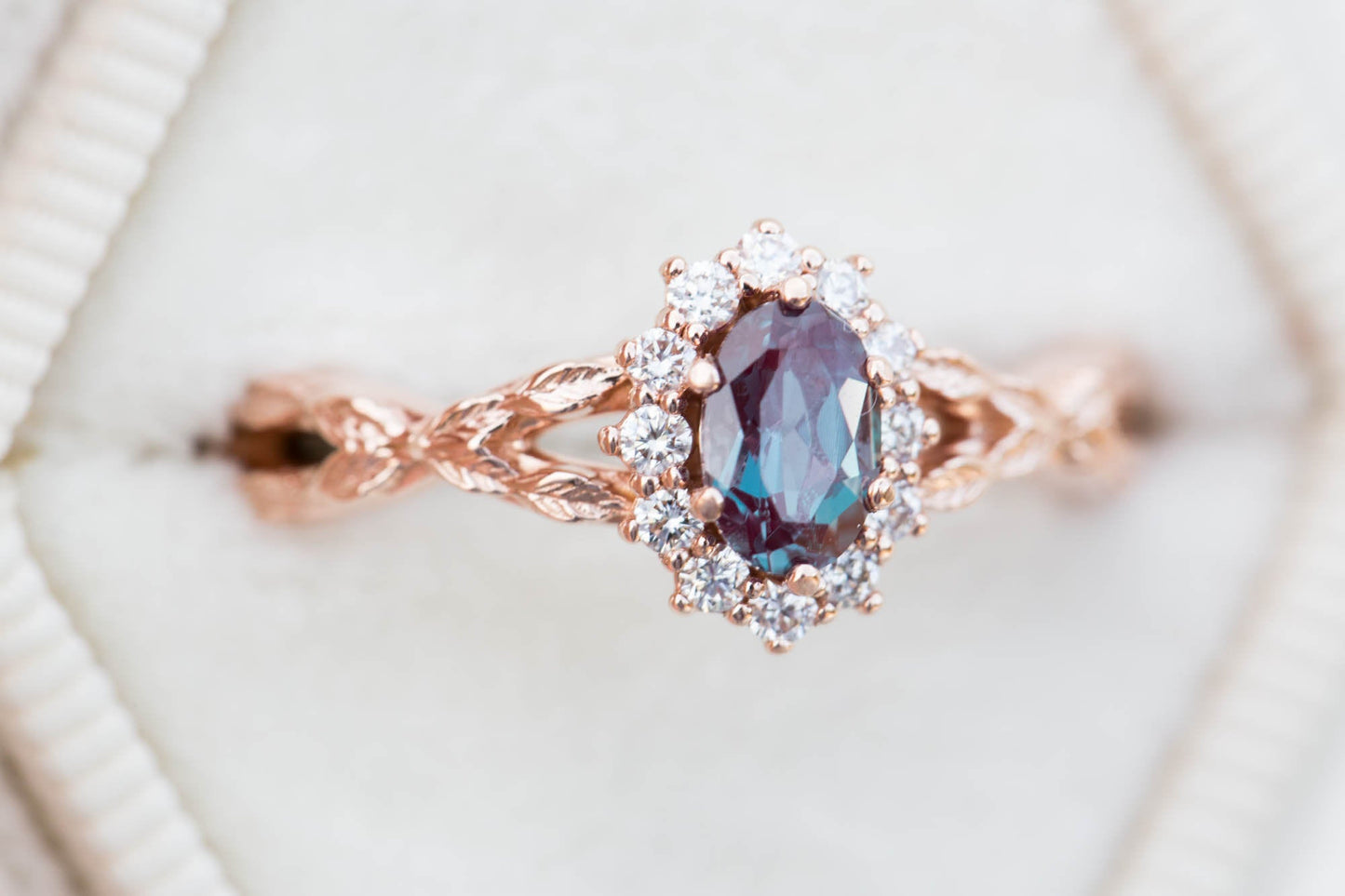 Load image into Gallery viewer, Oval alexandrite halo twisted leaf ring
