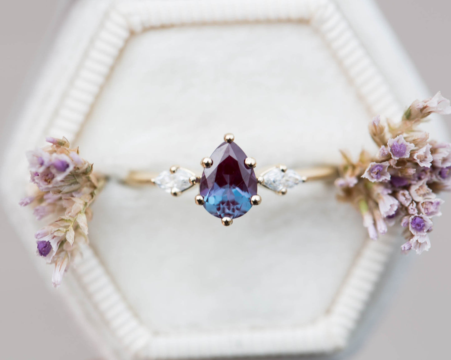 Load image into Gallery viewer, Pear alexandrite marquise three stone engagement ring
