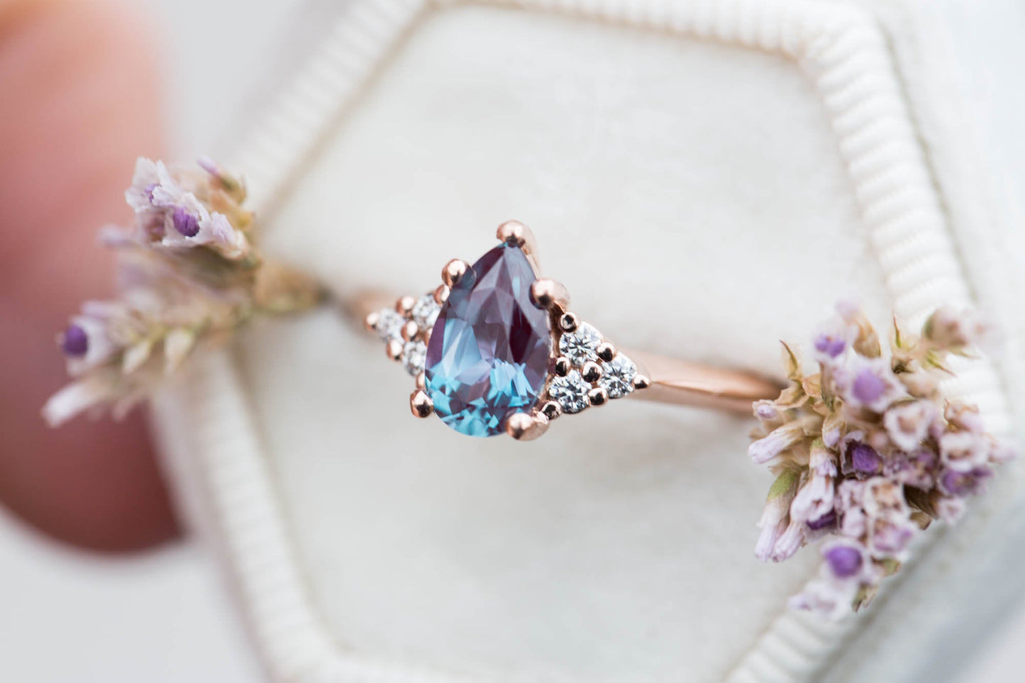Alexandrite pear cluster diamond engagement ring